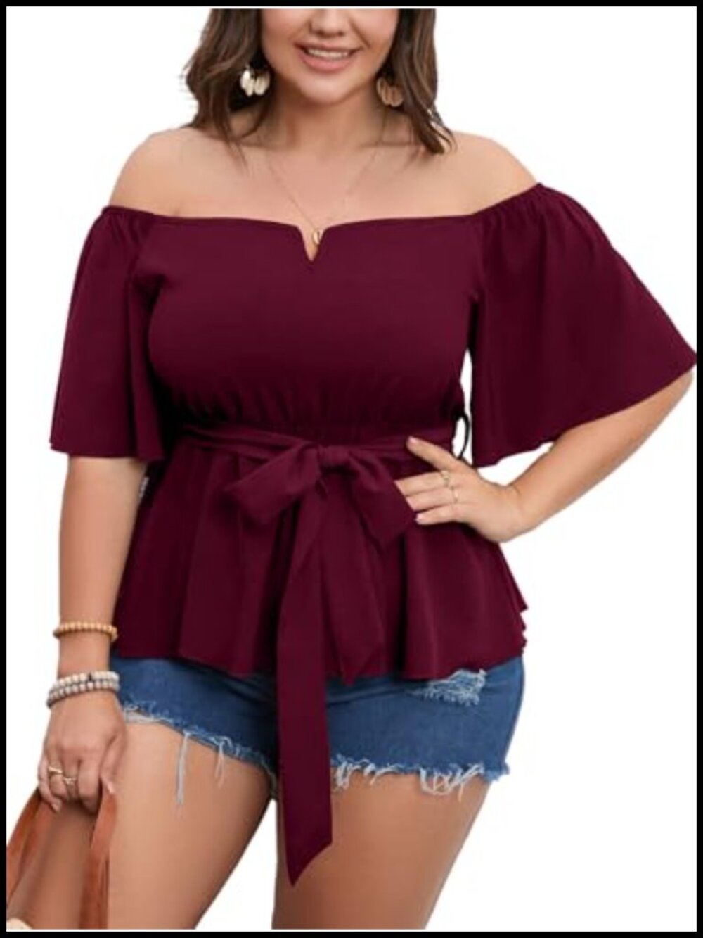 Plus Size Off Shoulder Peplum Blouse Bell Sleeve Tie Waist Ruffle Hem Babydoll